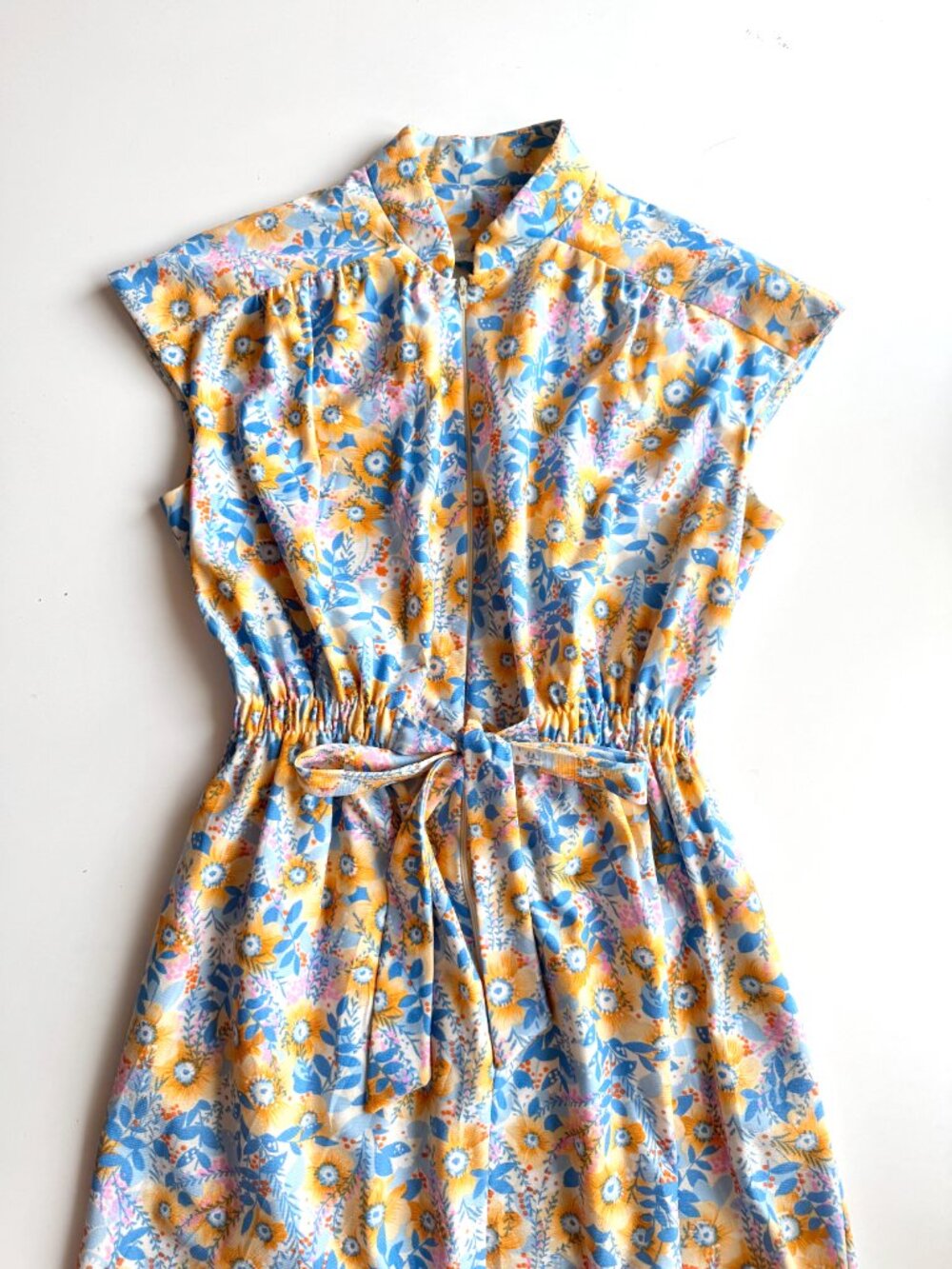 Vintage 70's CONRAD Retro Blue Orange Hippie Floral Belted Maxi Dress, Size L - Picture 5 of 11